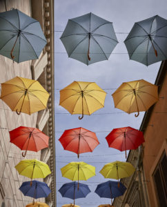 Hanging colored umbrellas
